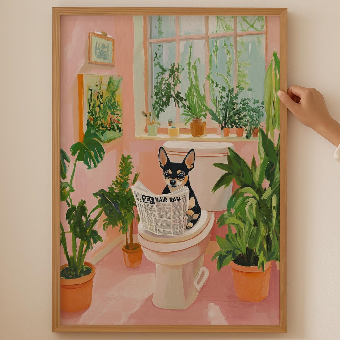 Funny Chihuahua Reading Newspaper on Toilet Colorful Bathroom Poster