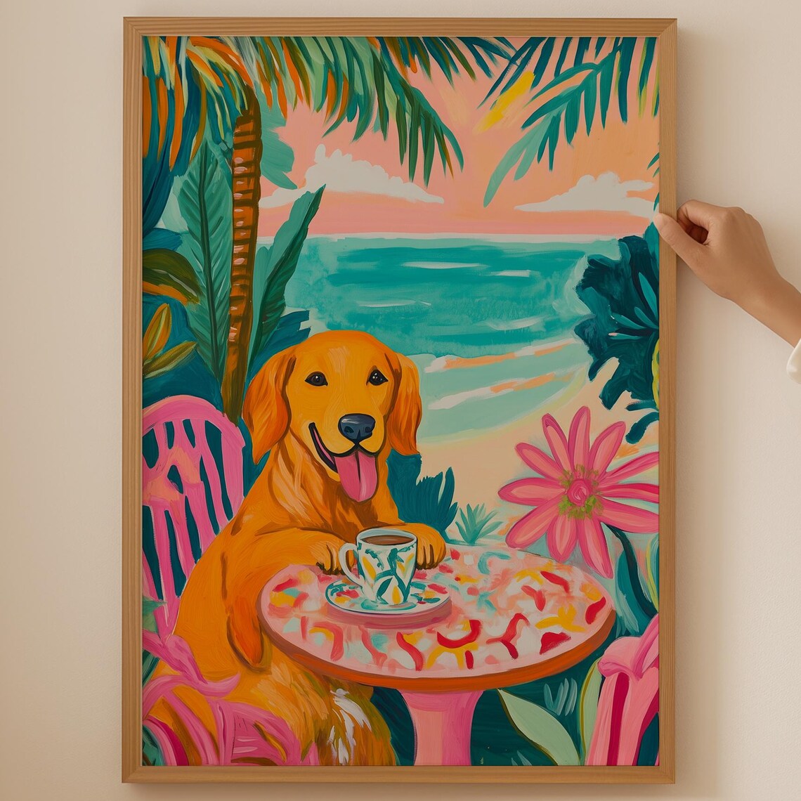 Golden Retriever Sunset Beach Cafe Coffee Tropical Dog Poster