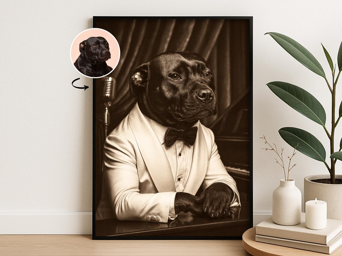 Custom Old Hollywood Pet Portrait Dog In Tuxedo Vintage Art Poster