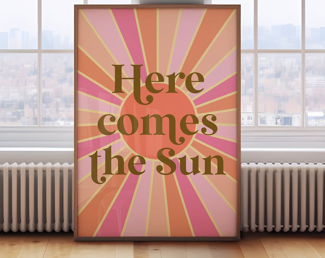 Here Comes The Sun Retro Pink Sunburst Groovy Boho Decor Wall Art