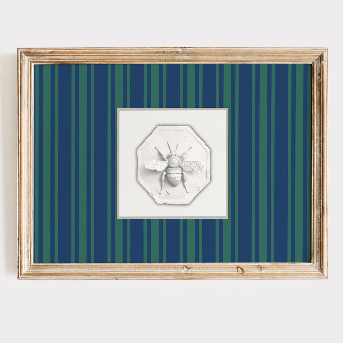 White Bee Relief on Navy Stripes Elegant Nature Study Poster