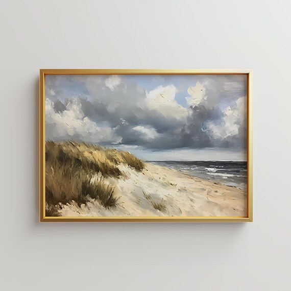 Coastal Dunes Oil Painting Print Neutral Beach Cloudy Sky Artwork