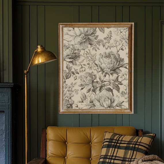 Beige Vintage Floral Wall Art Peony Botanical Print French Country Decor Flower Illustration Rustic Artwork