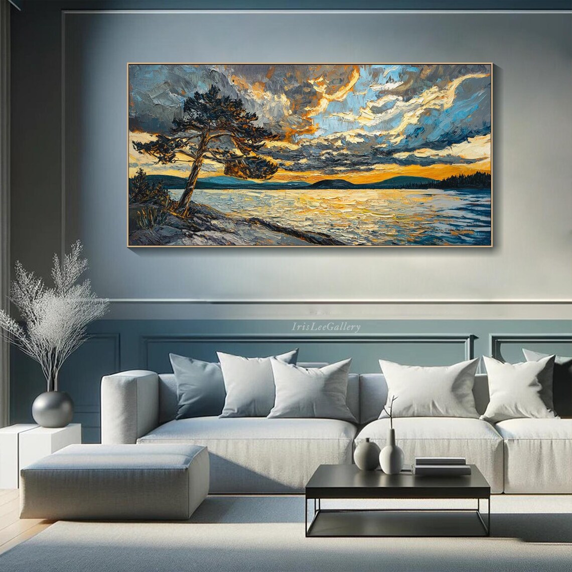 Sunset Landscape Painting On Impasto Textured Tree Wall Art Tranquil Lake View Large Art Handmade Golden Hour Bathroom Decor - Image 3