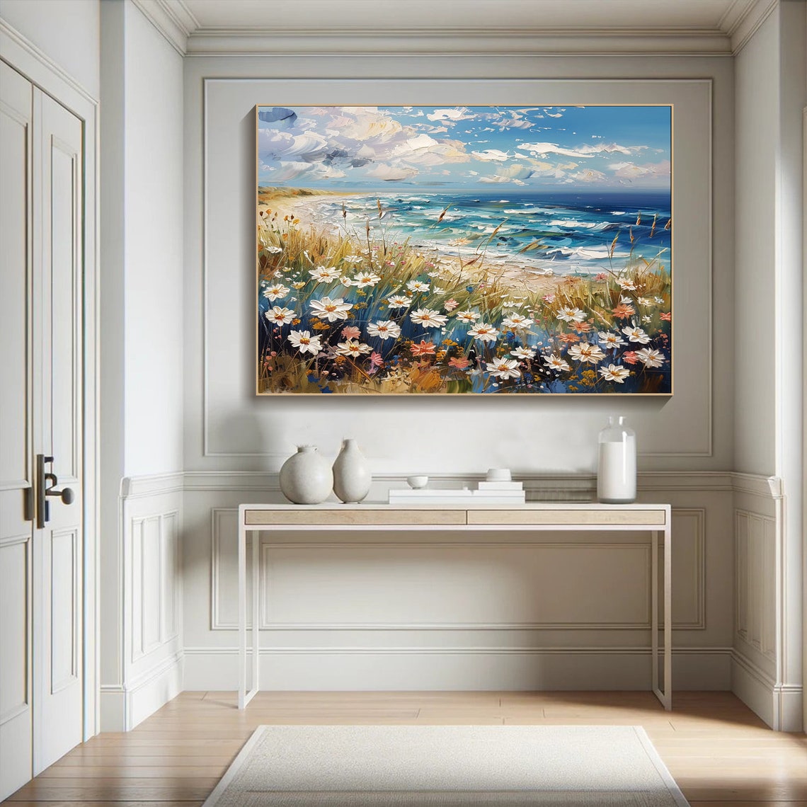 White Daisies by the Sea Blue Ocean Meadow Coastal Art Poster - Image 3