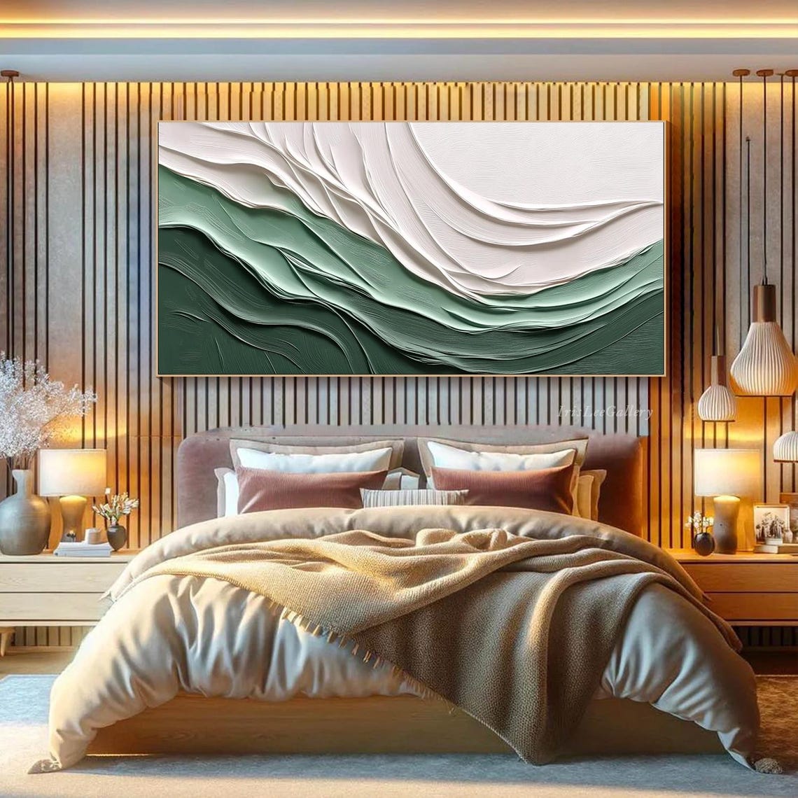 Sage Green White Wavy Abstract 3D Textured Wabi Sabi Wall Art - Image 2