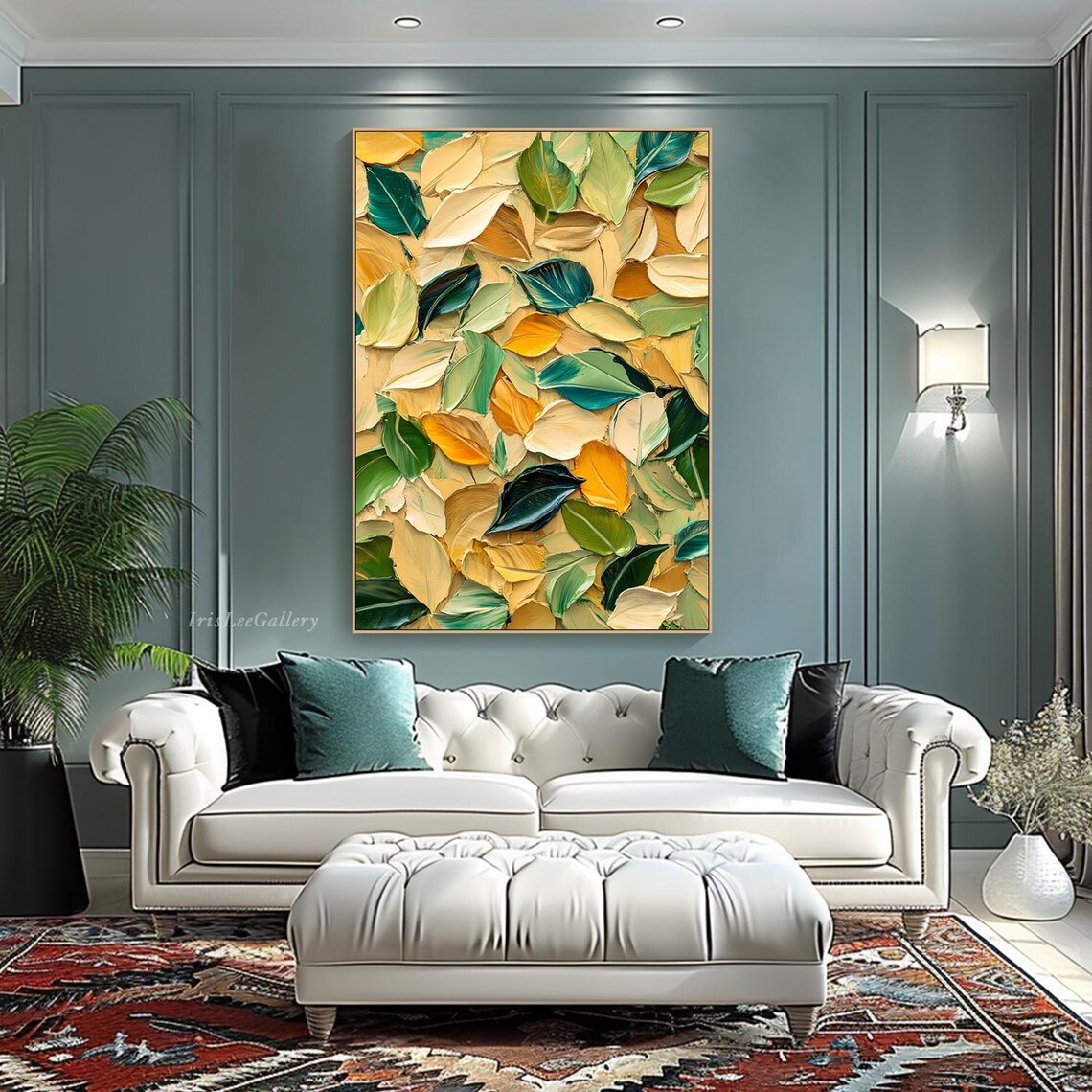 Green Cream Gold Leaves Textured Botanical Leaf Collage Art Poster - Image 3