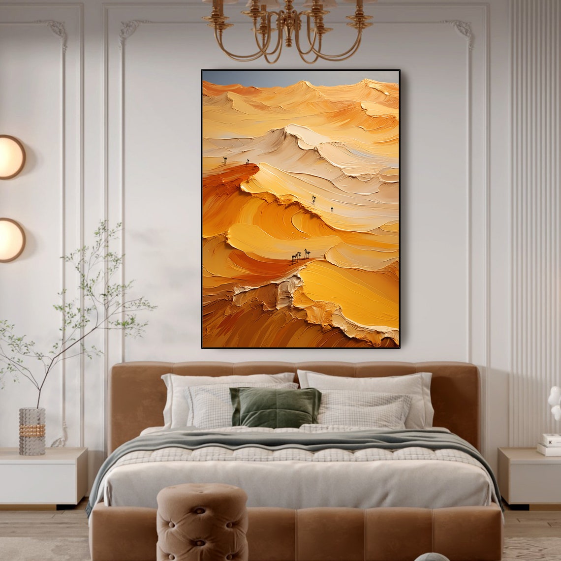 Golden Desert Dunes Tiny Camel Riders Impasto Warm Earth Tones Poster - Image 3