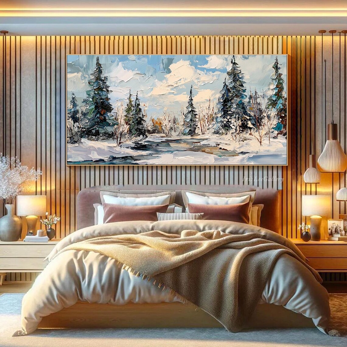 3d Textured Snow Forest Wall Art Original Winter Mountain Painting On Snowy Pine Trees Wall Art Living Room Wall Art Winter Decor - Image 2