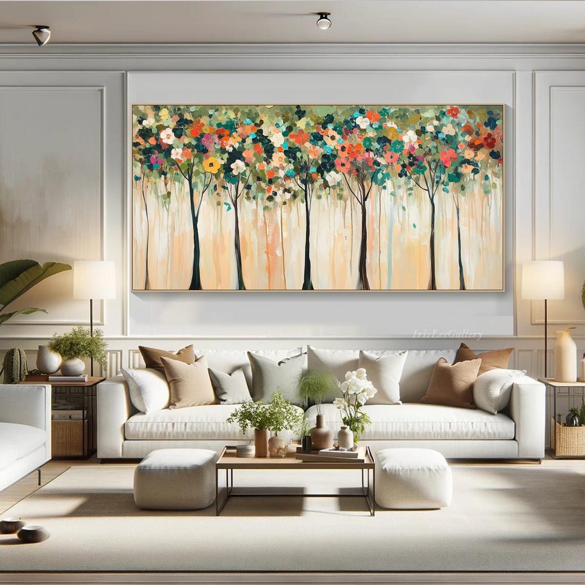 Colorful Blossom Tree Row Abstract Textured Nature Painting Wall Art - Image 4
