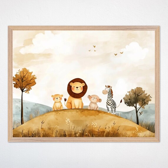Cute Safari Friends Lion Cub Leopard Zebra on Grassy Hill Poster
