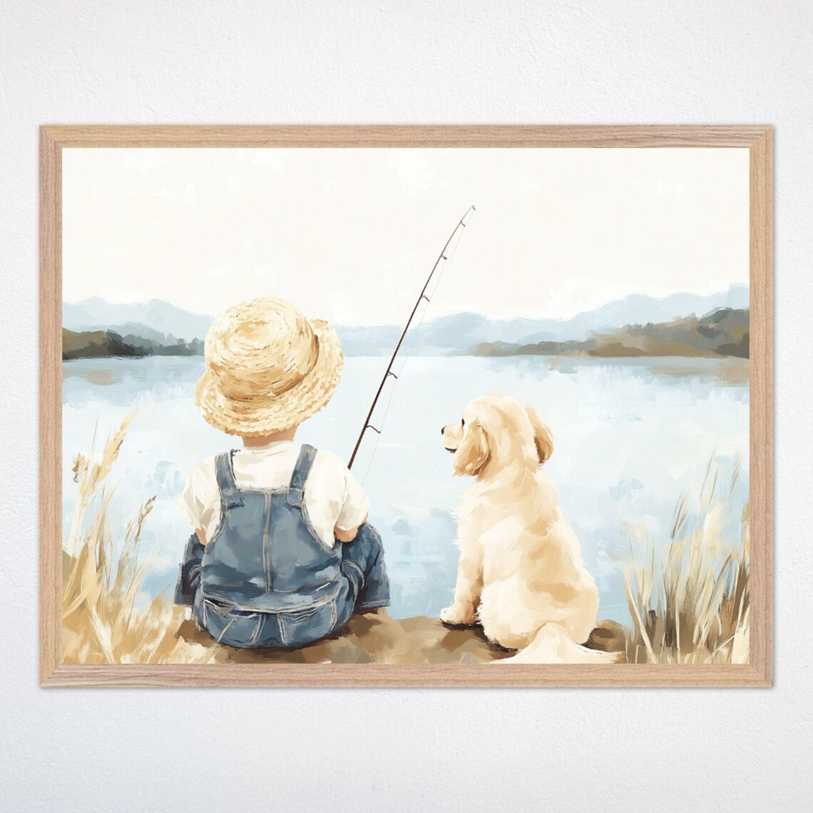 Fishing Dog and Puppy Nursery Art Print, Lake