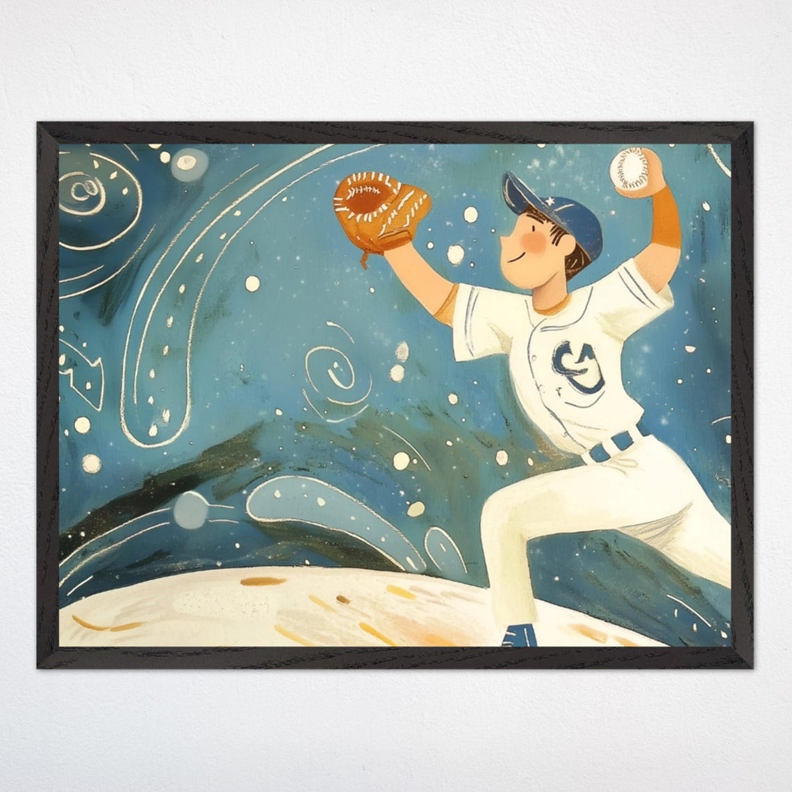 Young Baseball Pitcher Throwing Under A Starry Night Sky Poster