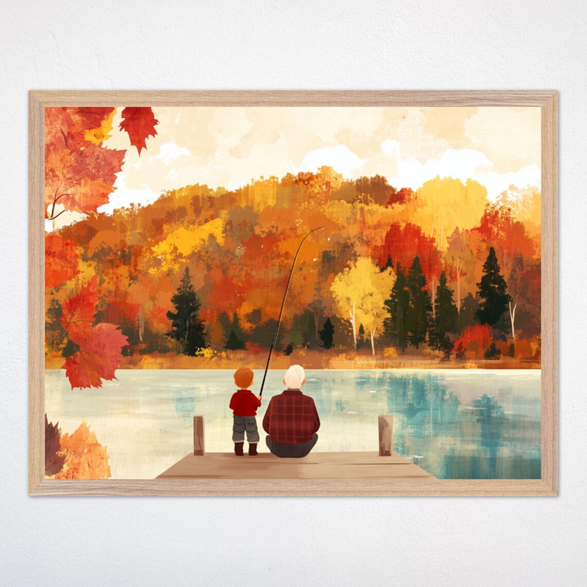 Grandfather and Child Fishing from a Dock on an Autumn Lake Poster