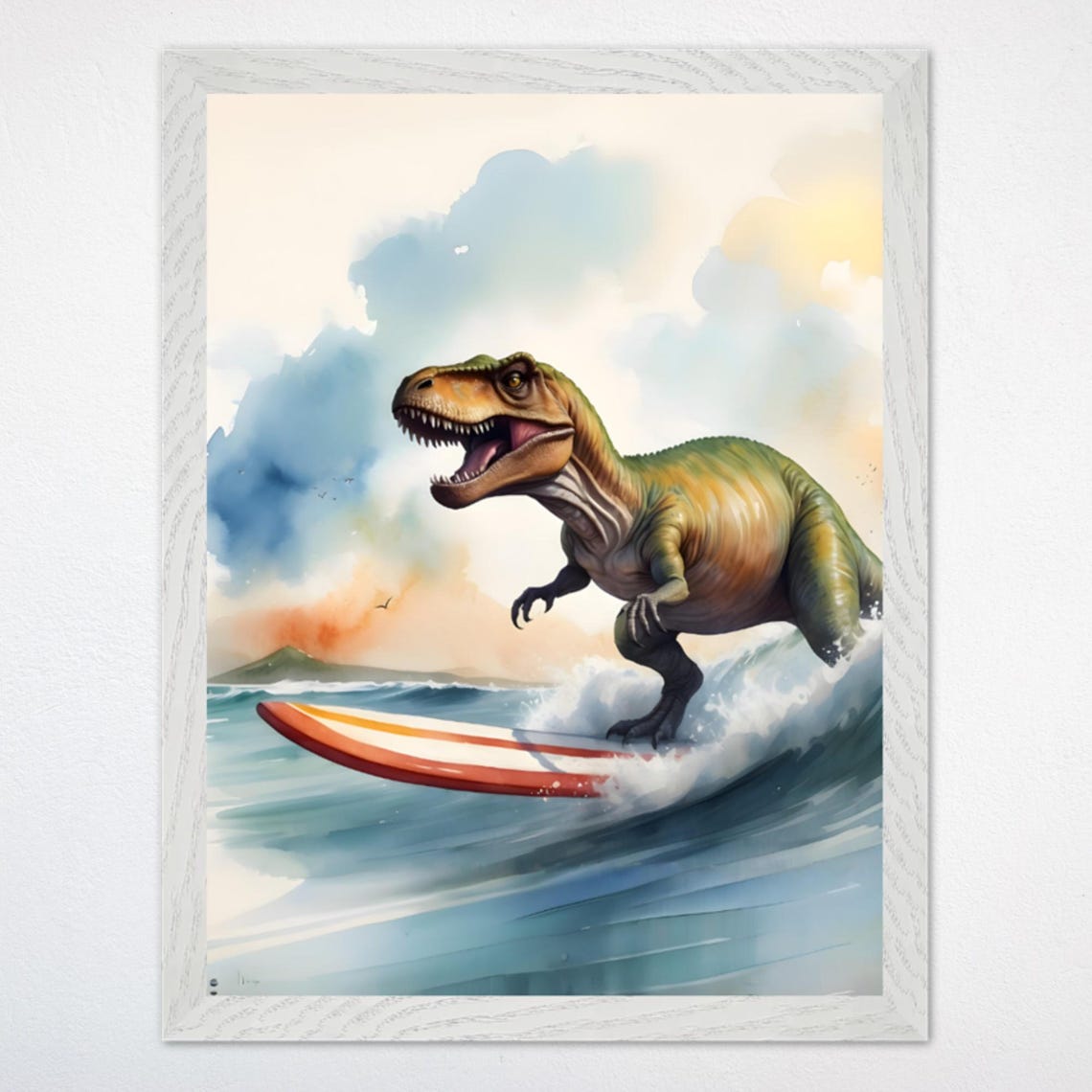 Surfing T-Rex Catching A Big Wave Watercolor Adventure Poster
