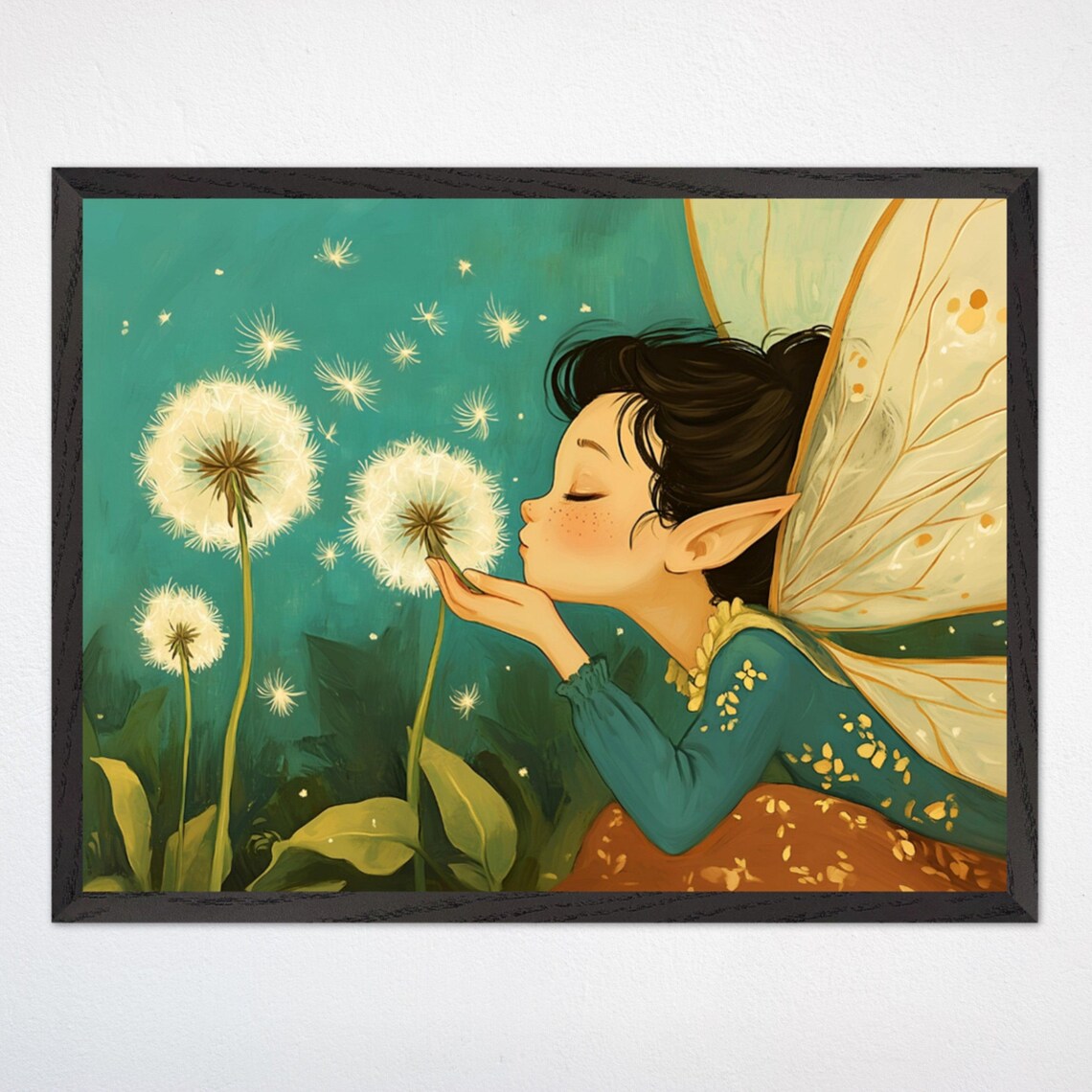 Fairy Blowing Dandelion Seeds In A Teal Garden Nursery Poster