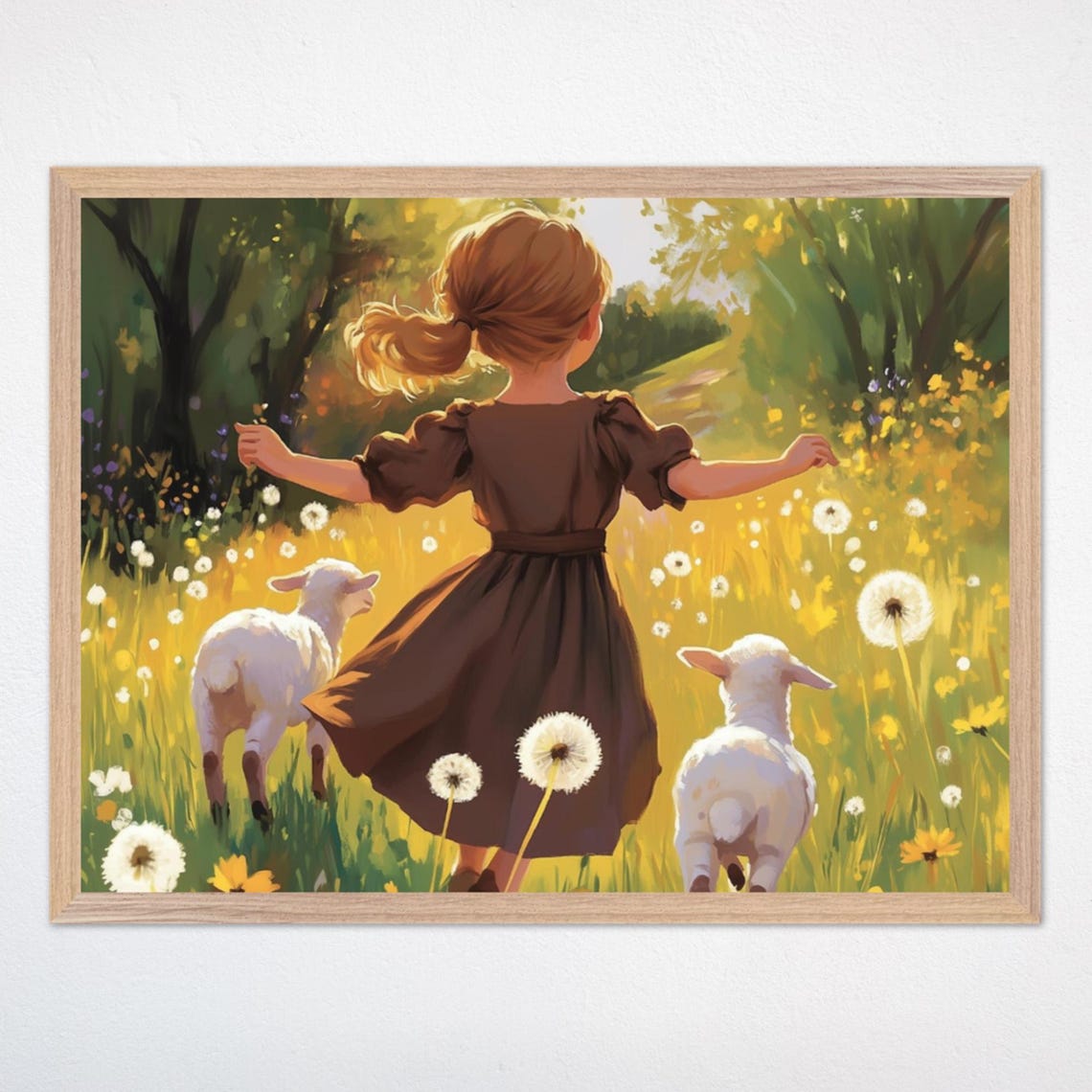 Lamb Girl Meadow Print Nursery Playroom Kids Wall Art