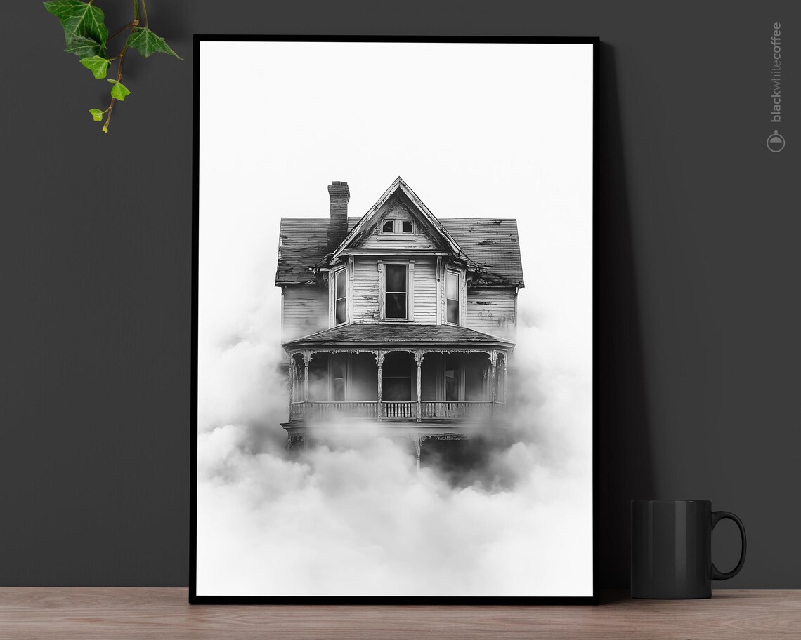 Haunted House Foggy Night Black White Spooky Photography Poster