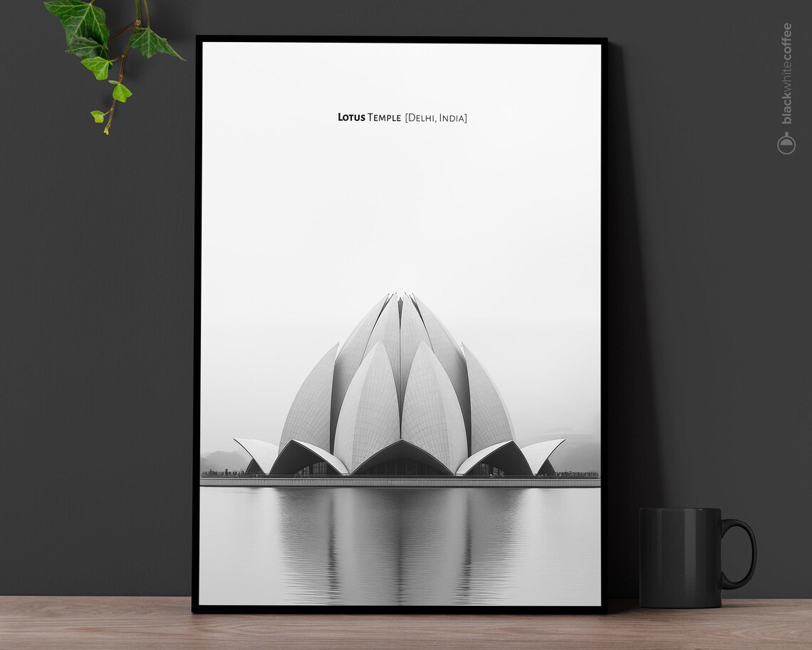 Delhi India Lotus Temple Black and White Minimalist Photo Poster