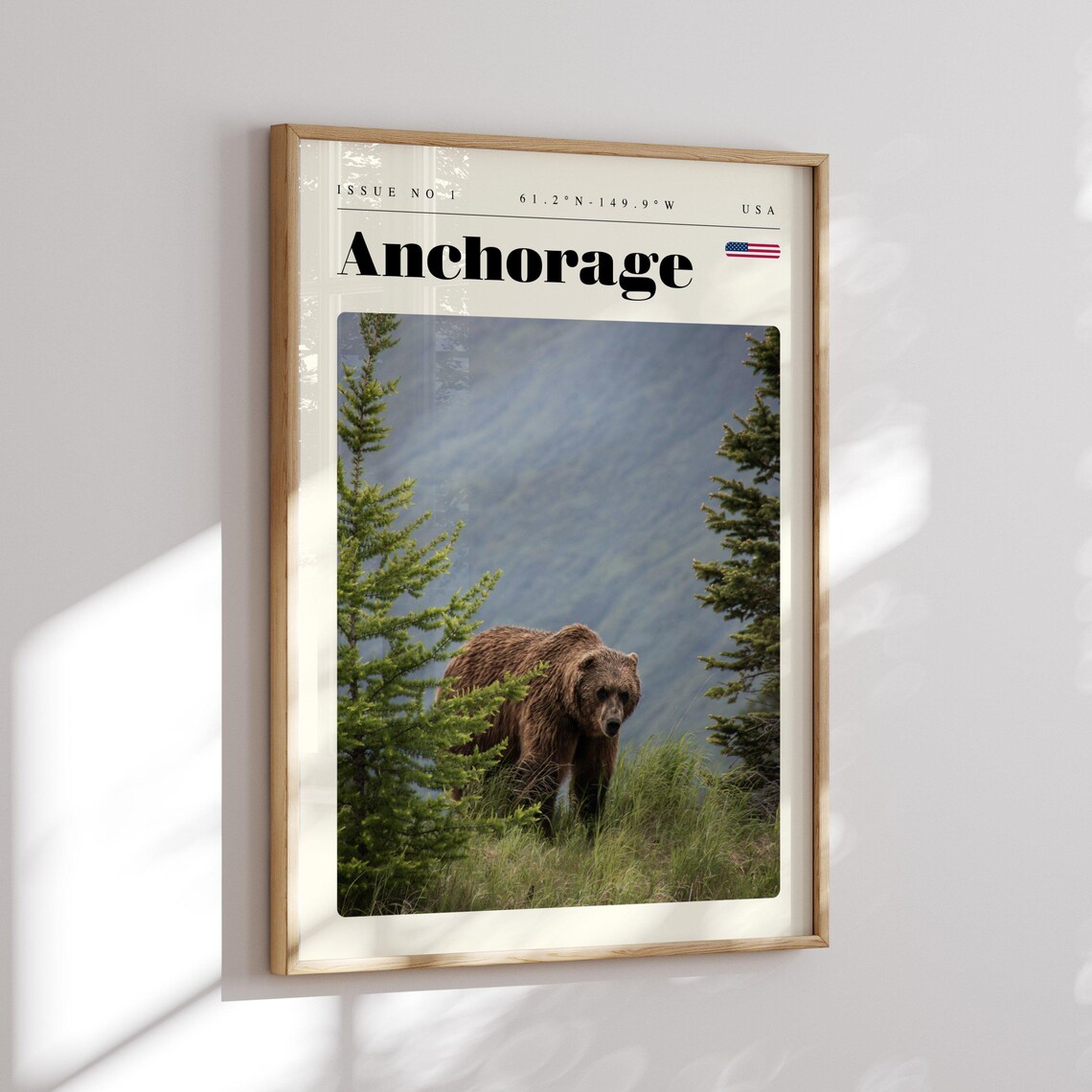 Anchorage USA Brown Bear in a Green Meadow Mountain Travel Poster - Image 2