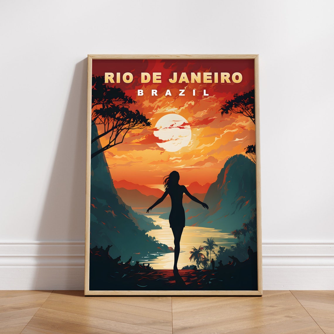 Rio de Janeiro Brazil Sunset Cliffs Bay Woman Scene Travel Poster