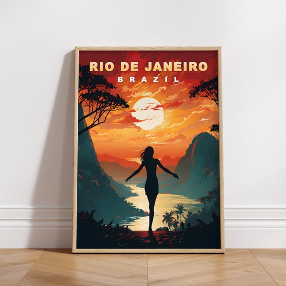 Rio de Janeiro Brazil Sunset Cliffs Bay Woman Scene Travel Poster