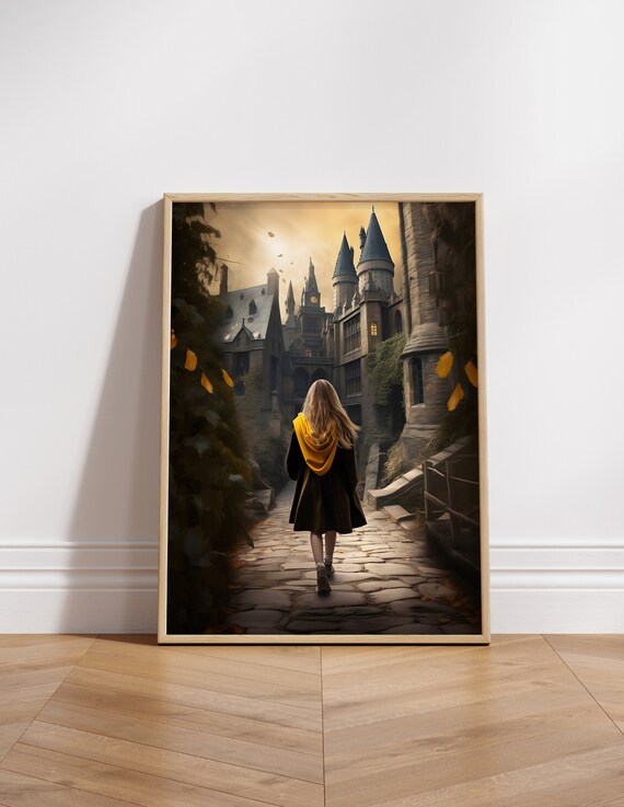 Hufflepuff Style Girl Yellow Scarf Castle Walk Fantasy Movie Poster
