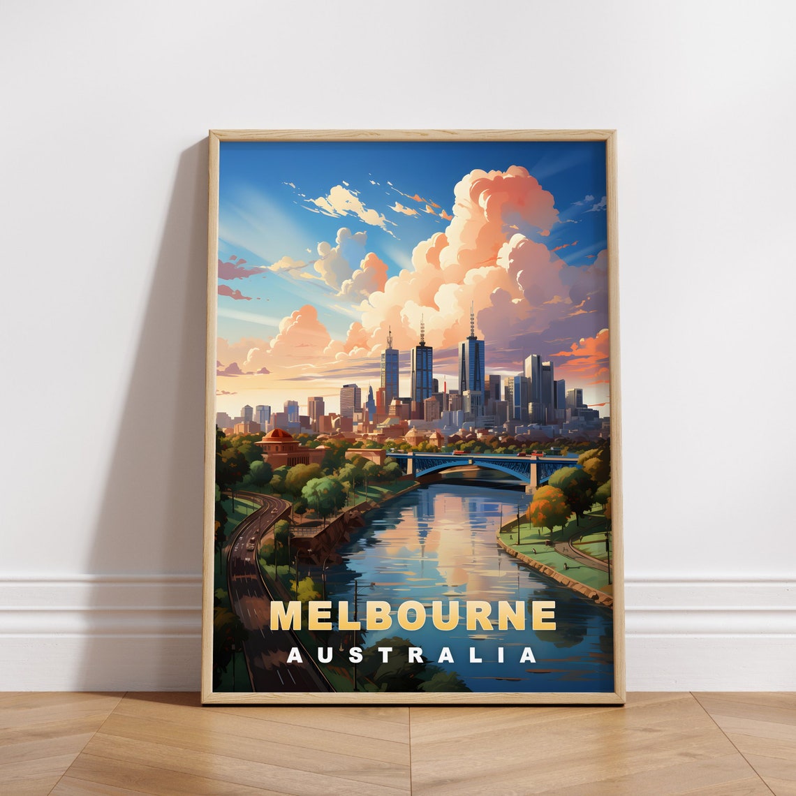 Melbourne Australia Skyline Sunset River Retro Travel Poster