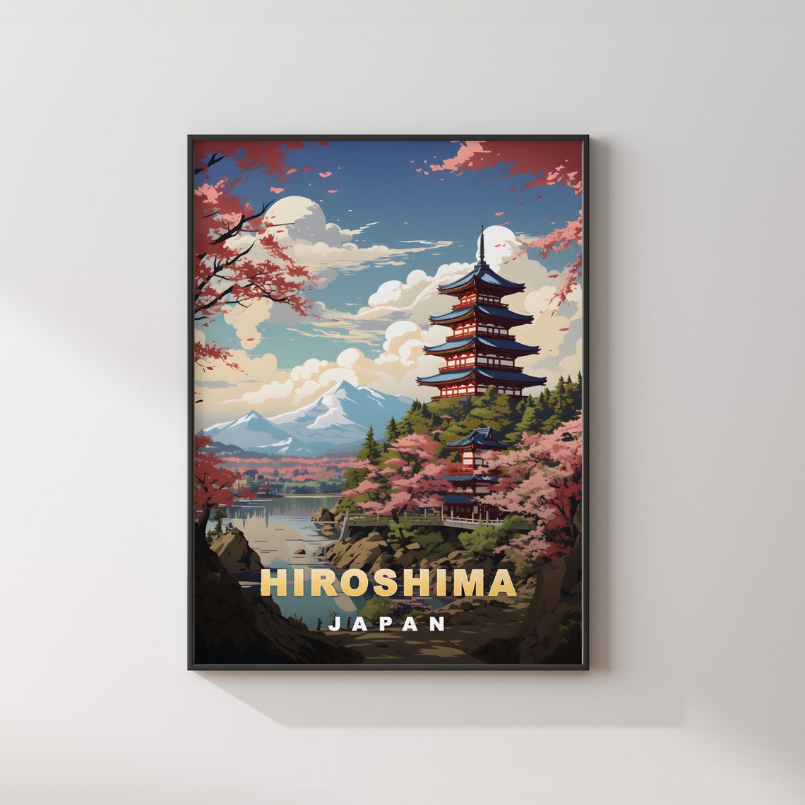 Hiroshima Japan Pagoda Cherry Blossom Mount Fuji Travel Poster - Image 2