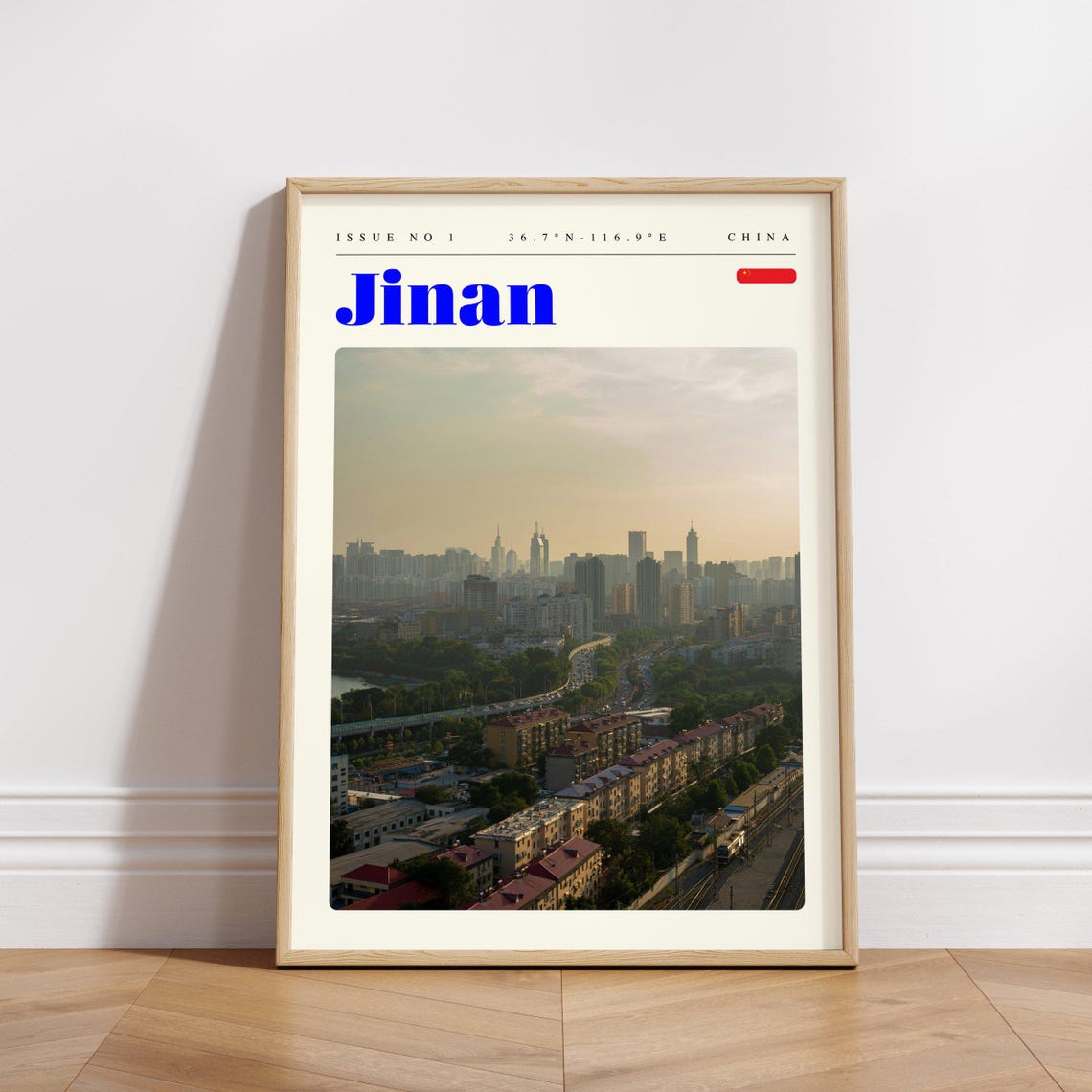 Jinan China Skyline Aerial View At Dusk Modern Travel Poster - Image 3