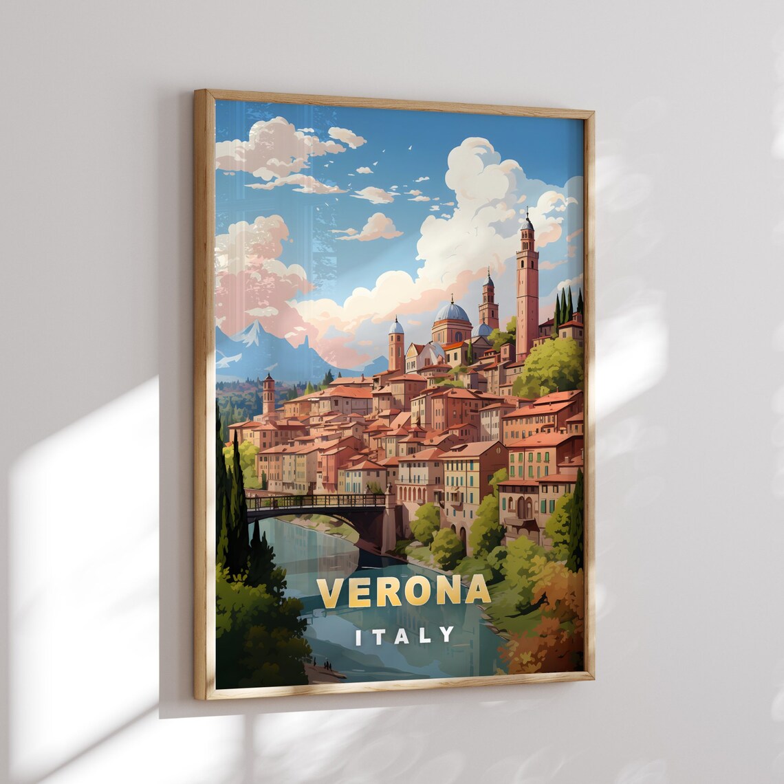 Verona Italy Riverside Hillside Old Town Panorama Travel Poster - Image 2