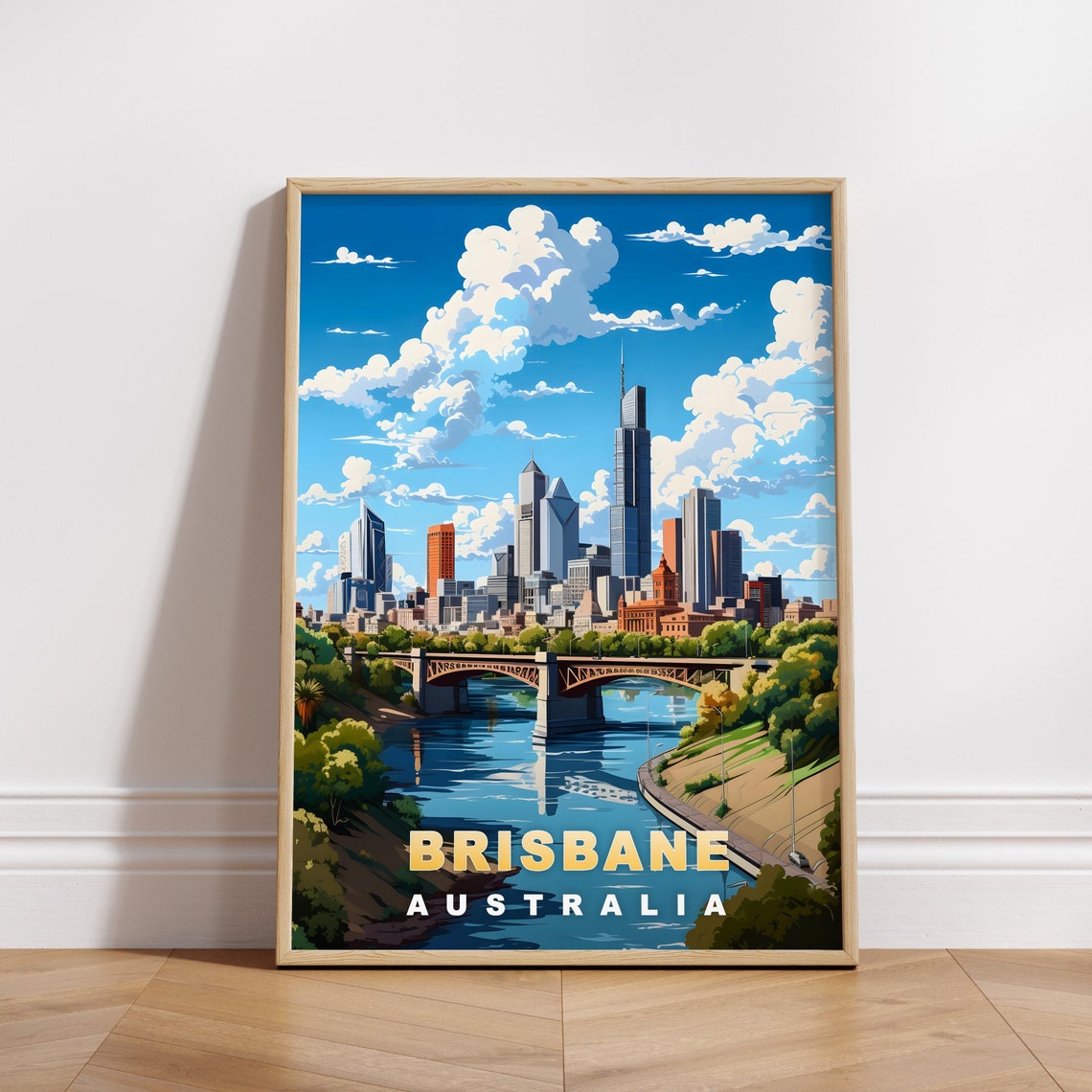 Brisbane Australia City Skyline River Bridge Retro Travel Poster