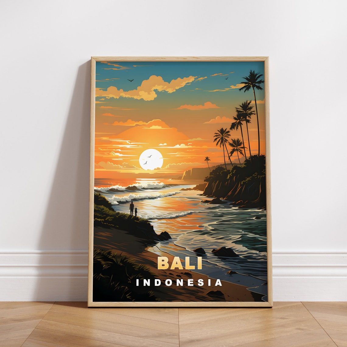 Bali Indonesia Beach Sunset Palm Trees Ocean Waves Travel Poster