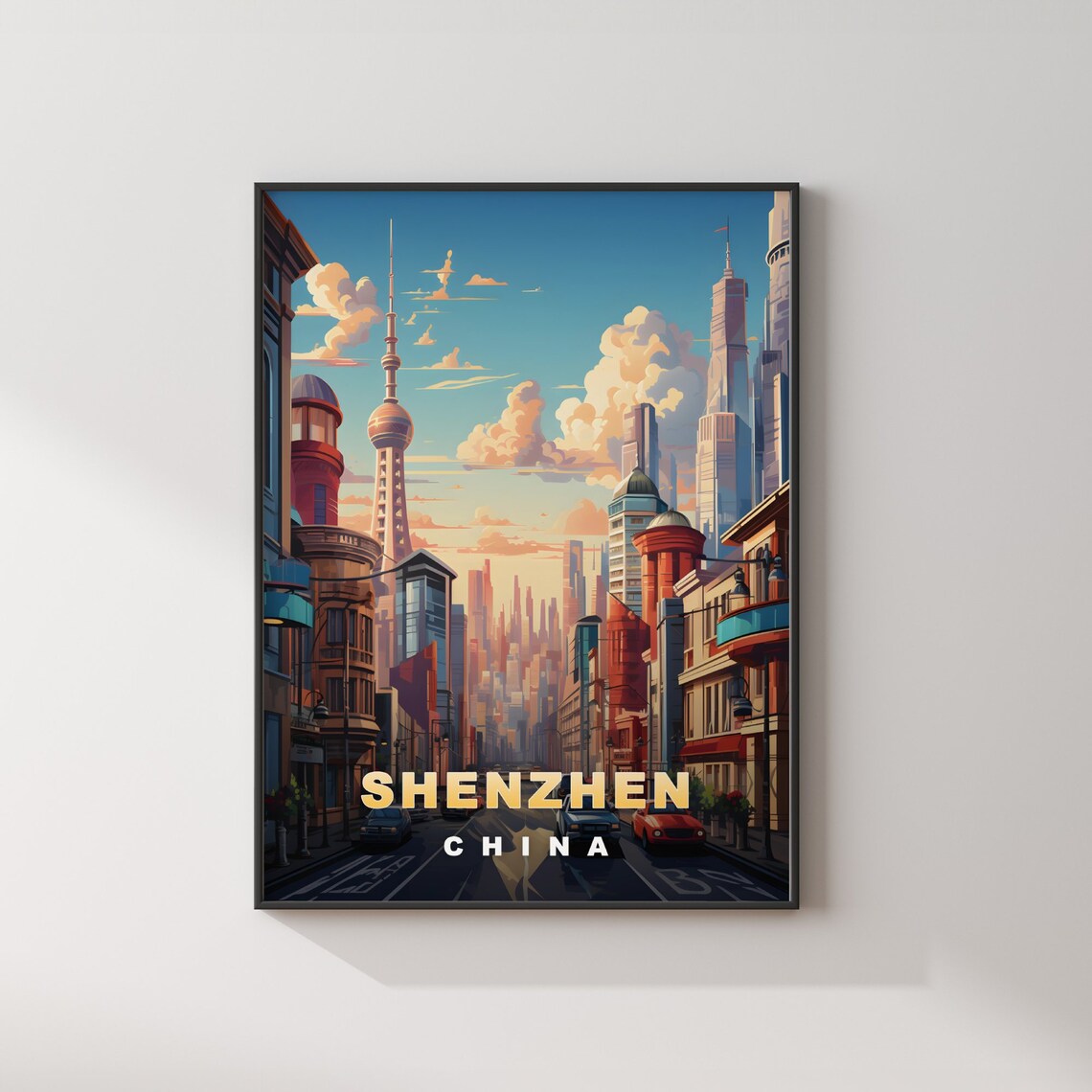 Shenzhen China Modern Skyline Street Canyon Retro Travel Poster - Image 2