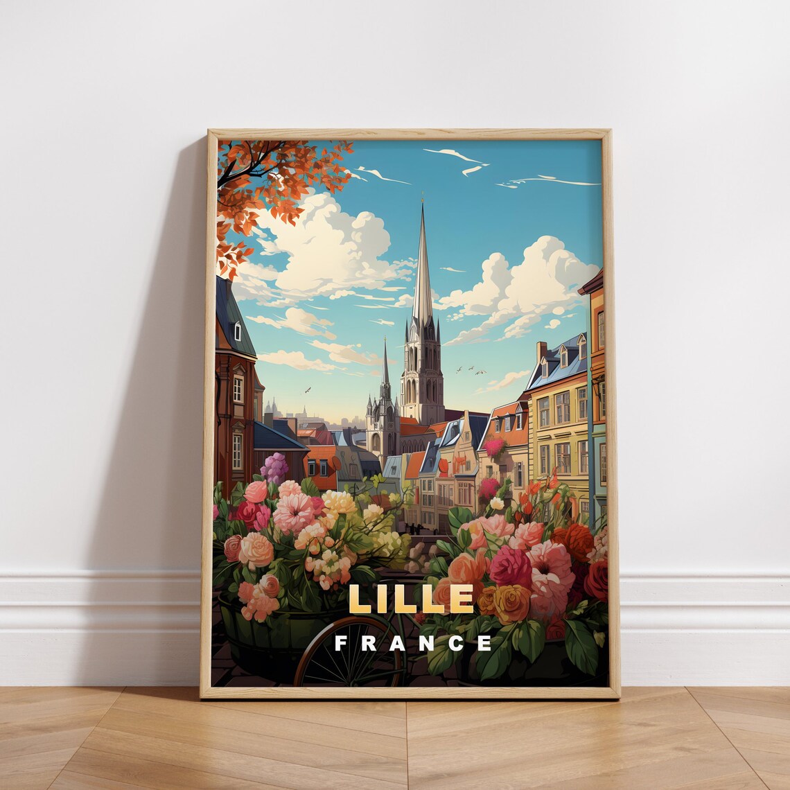 Lille France Retro Travel Poster Flower Cart Before Church Spire