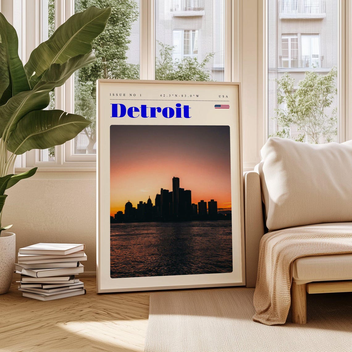 Detroit USA Sunset Skyline Silhouette Over Water Travel Poster
