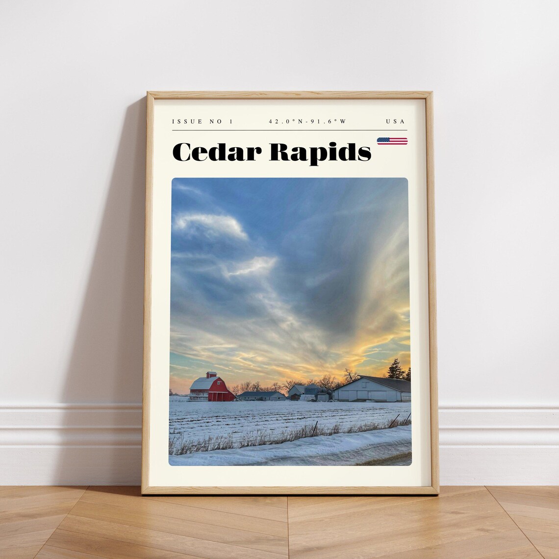 Cedar Rapids Iowa Snowy Farm Barn Winter Sunset Travel Poster - Image 3