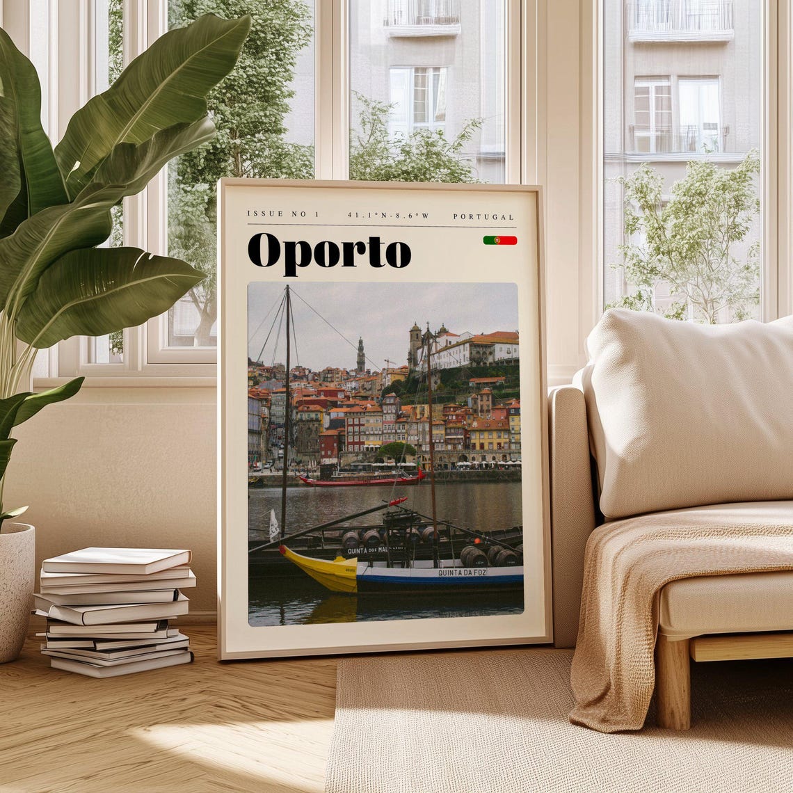 Oporto Portugal Douro River Boats Old Town Modern Travel Poster
