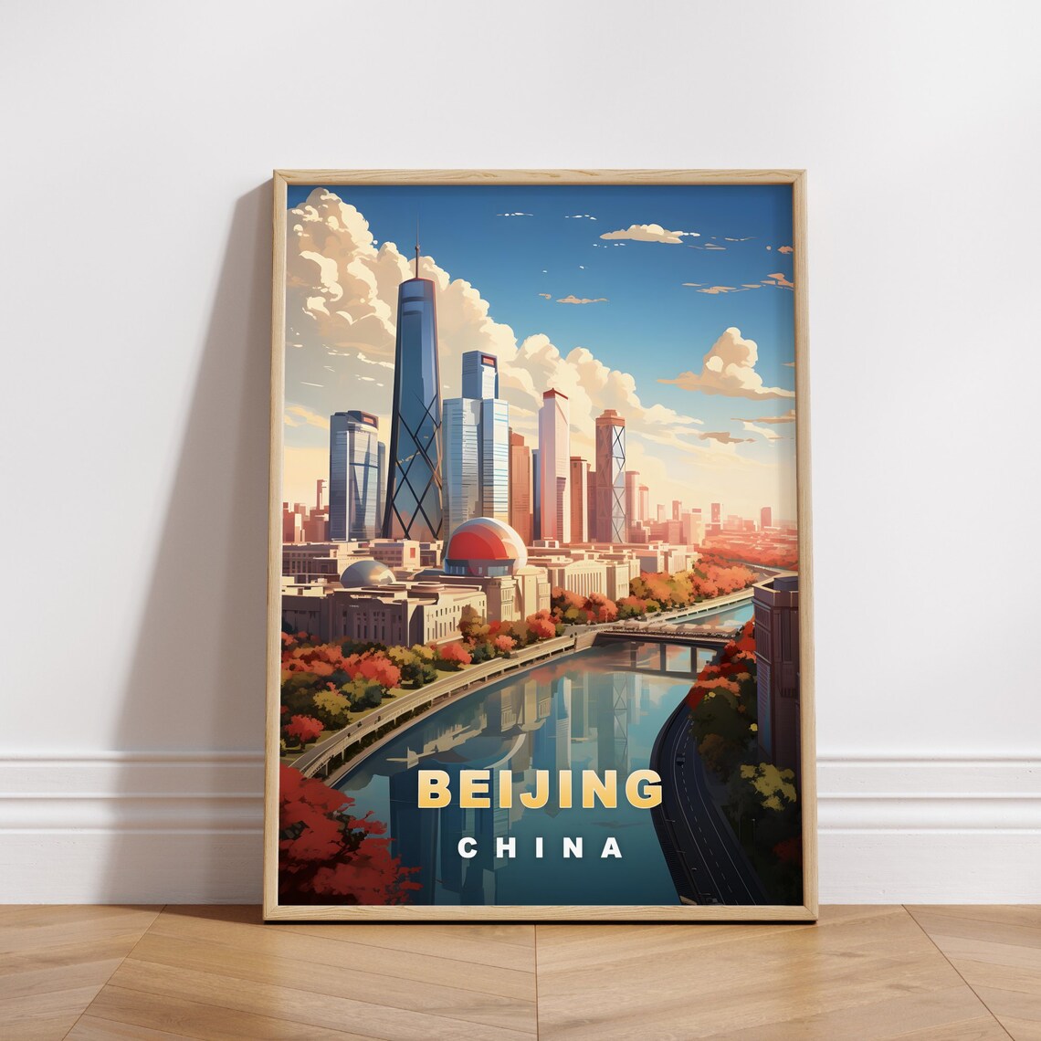 Beijing China Modern Skyscrapers River Autumn Vintage Travel Poster