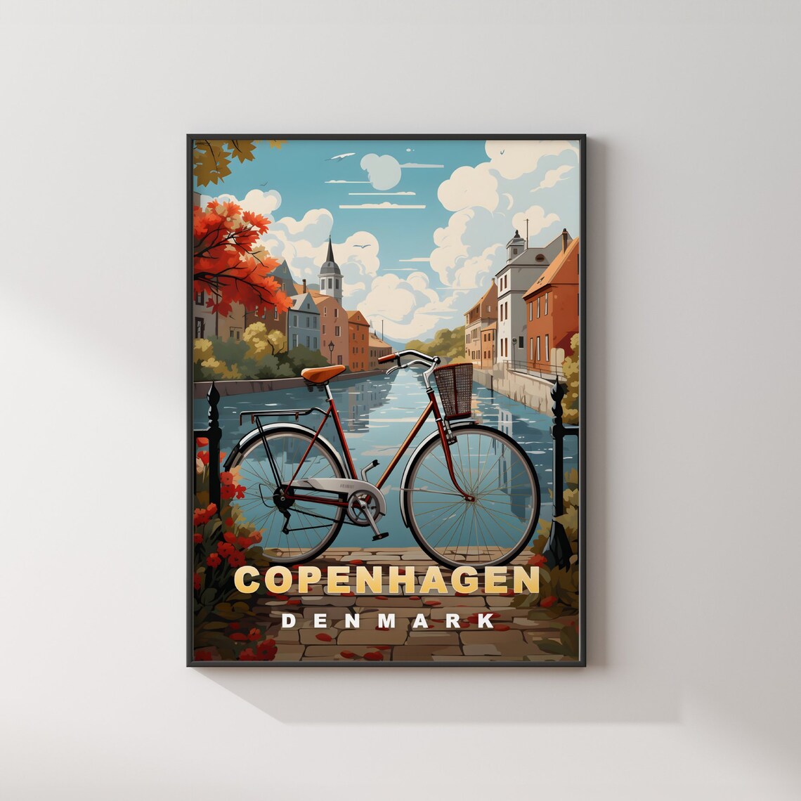 Copenhagen Denmark Red Bicycle Canal Waterfront Vintage Travel Poster - Image 2