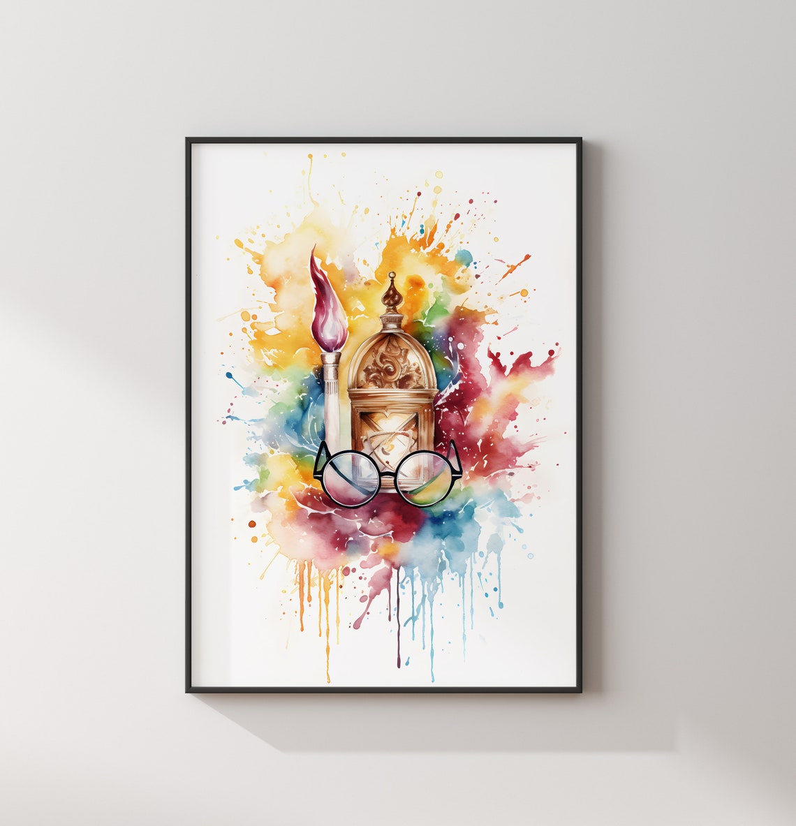 Wizard Watercolor Glasses Torch Lantern Colorful Splash Art Poster - Image 2