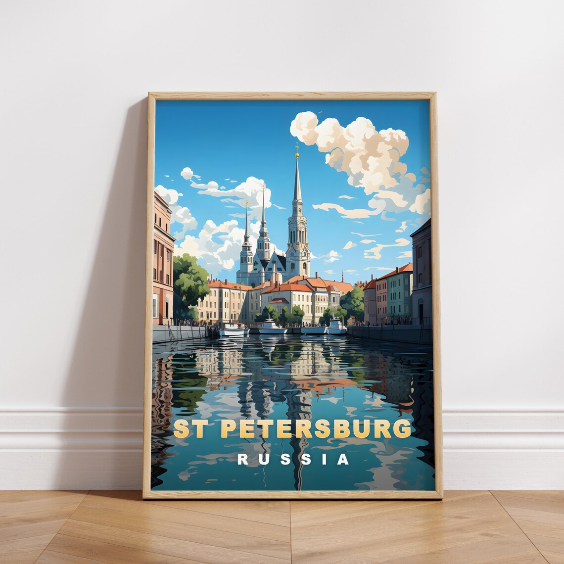St Petersburg Russia Canal Spires Boats Vintage Retro Travel Poster