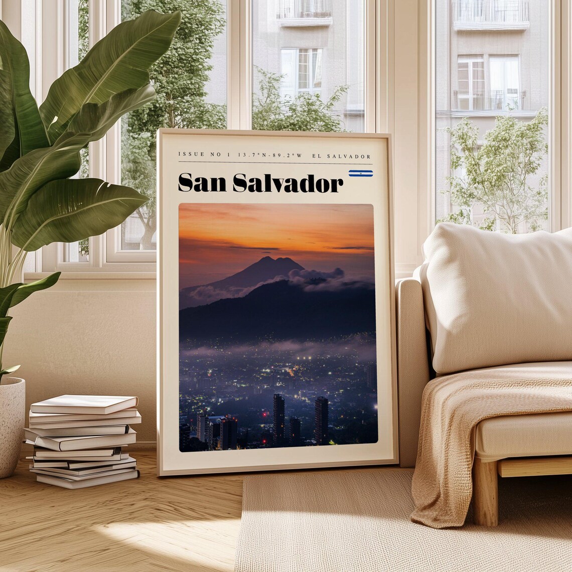 San Salvador Volcano and City Lights at Dusk Travel Poster Artwork