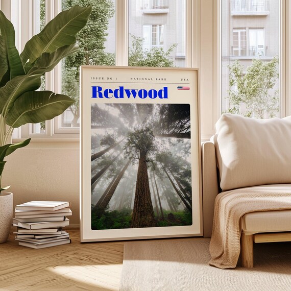 Redwood National Park Vintage Travel Poster Misty Giant Forest Trees