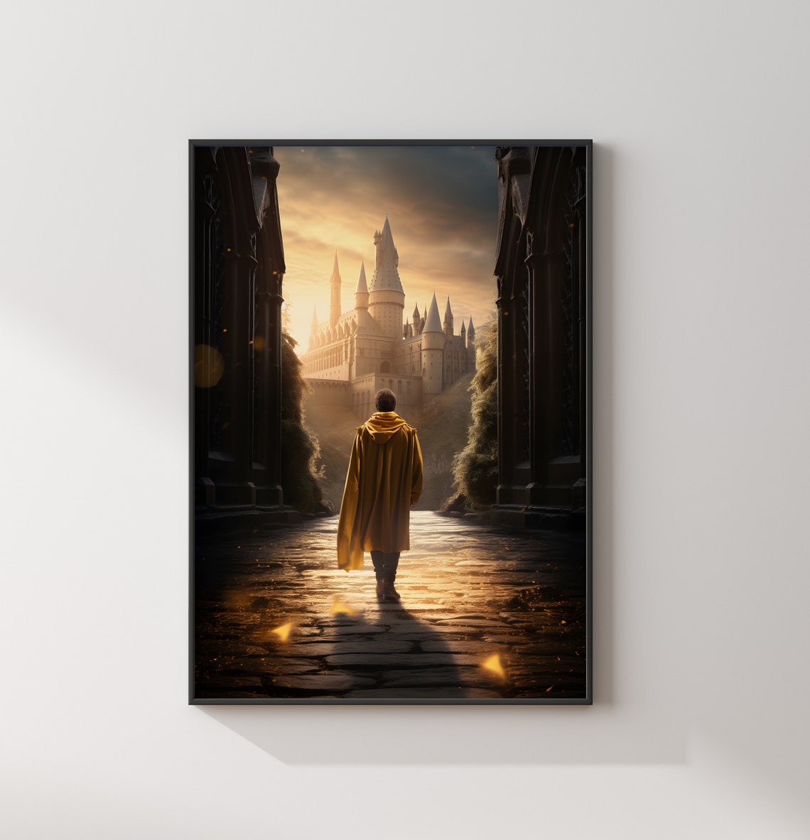 Loyal House Wizard in Gold Robe Walking to Castle at Dawn Poster - Image 2