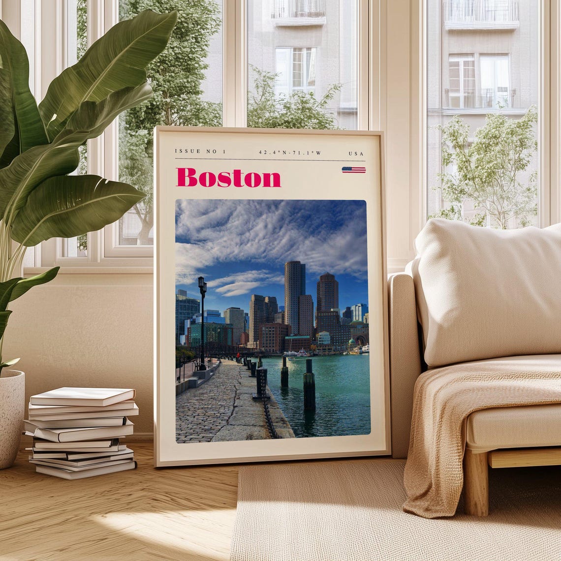 Boston Cobblestone Harborwalk Skyline Issue 1 Retro Travel Poster