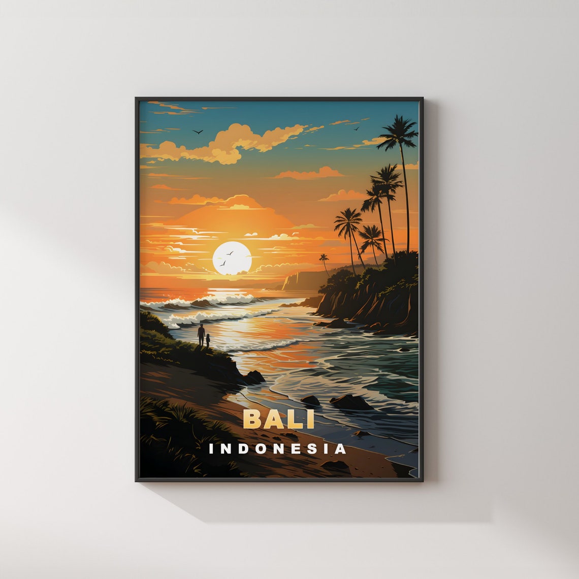 Bali Indonesia Beach Sunset Palm Trees Ocean Waves Travel Poster - Image 2