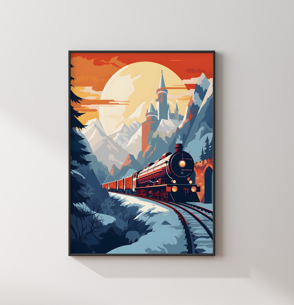 Magical Express Train Snowy Castle Sunset Fantasy Movie Poster - Image 2