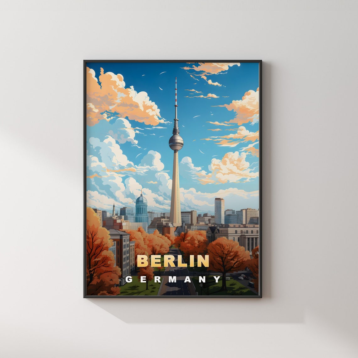 Berlin Germany TV Tower Autumn Skyline Blue Sky Vintage Travel Poster - Image 2