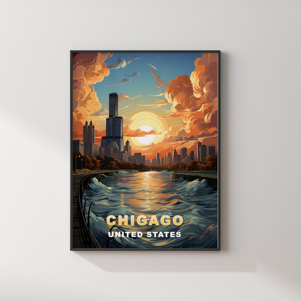 Chicago Skyline Sunset Over Lake Michigan Waterfront Travel Poster - Image 2